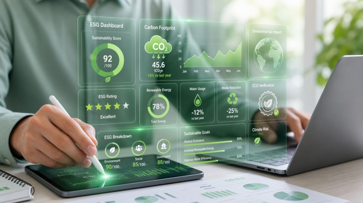 ESG dashboard showing sustainability score, carbon footprint and environmental impact metrics